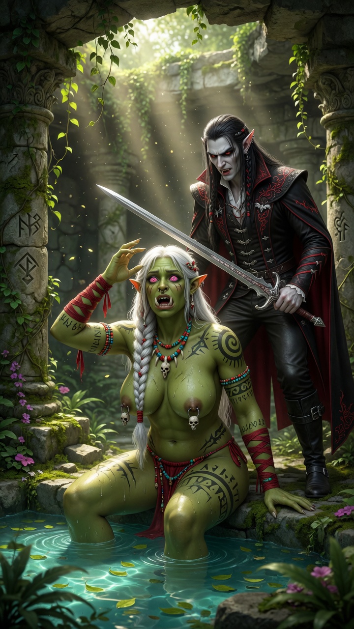 Orc Girl Threatened by Dark Elf in Ruins