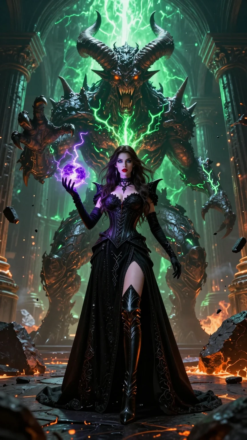 Sorceress Wielding Chaos Before Infernal Colossus