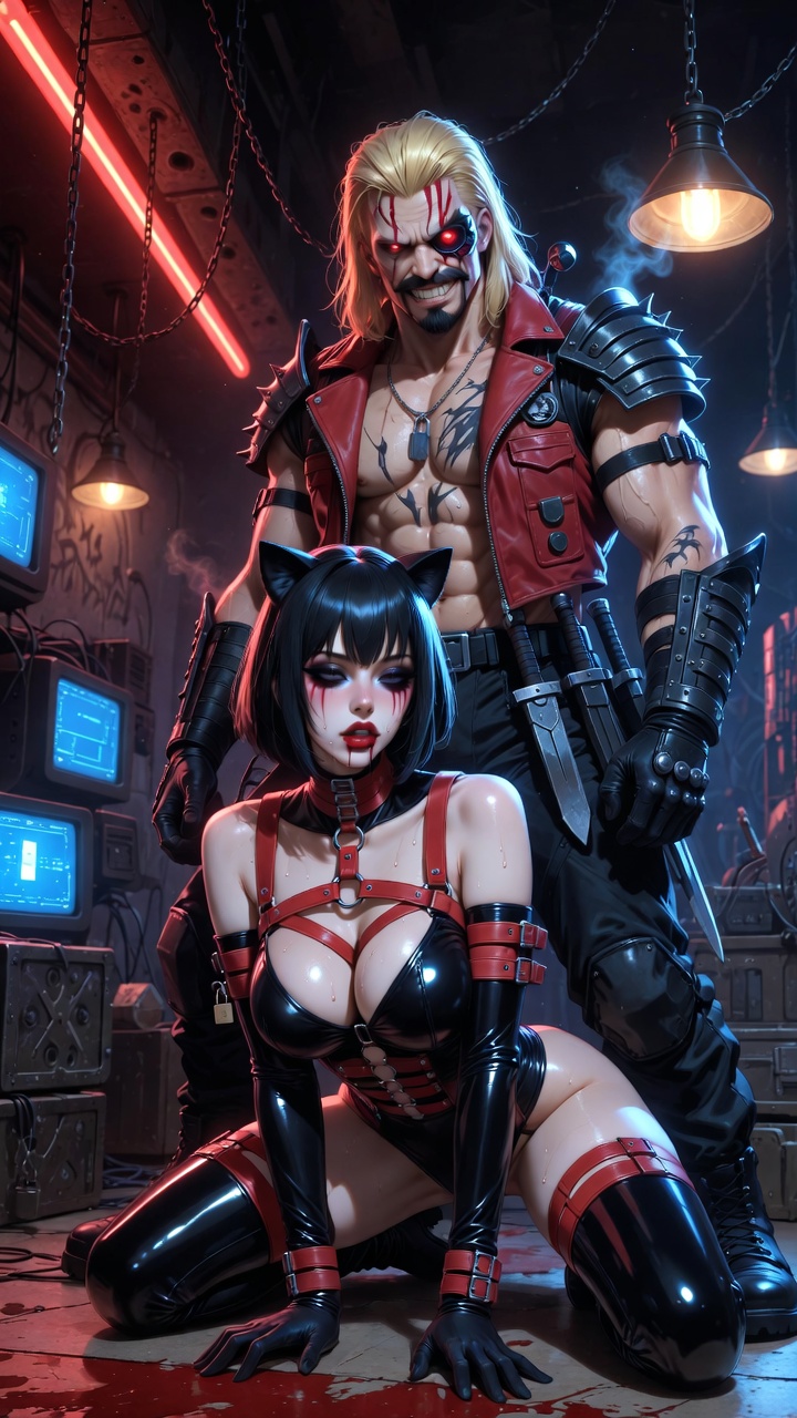 Red Strapped Catgirl and Cyber Mercenary Overlord
