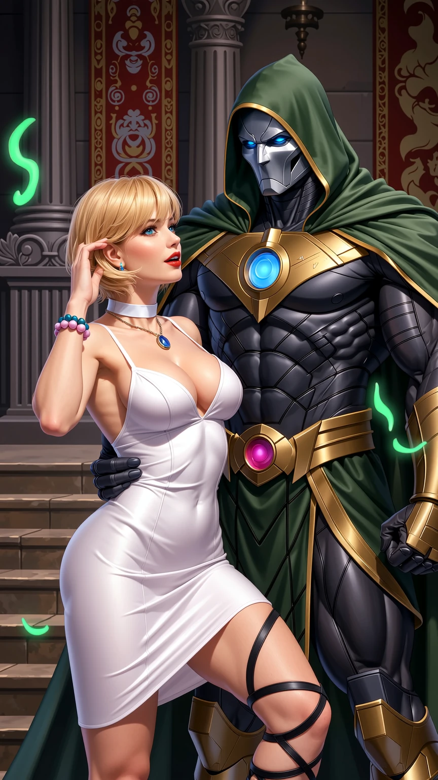 Blonde in White Dress with Doctor Doom