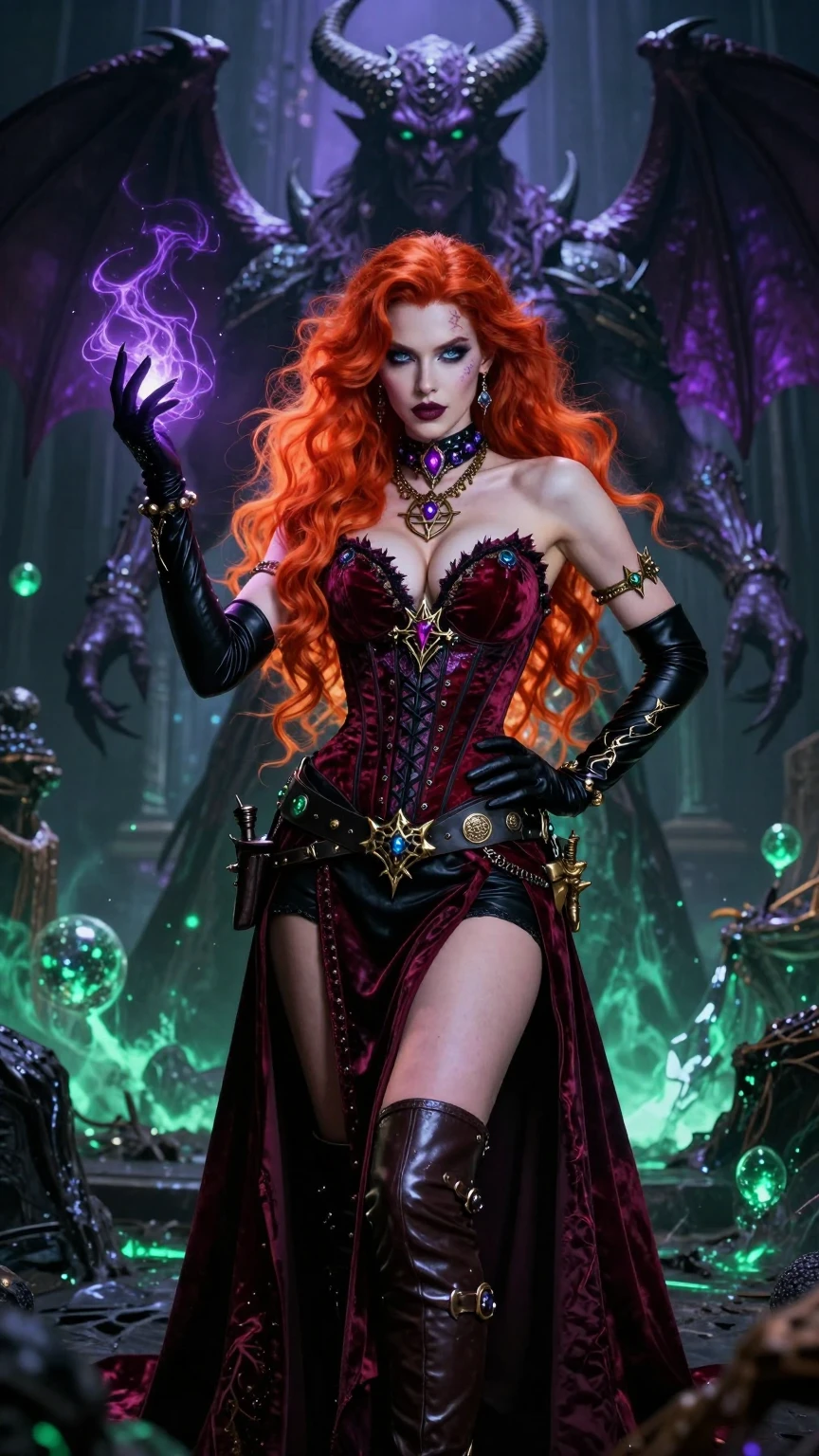 Crimson Sorceress Before Demonic Warlord Throne