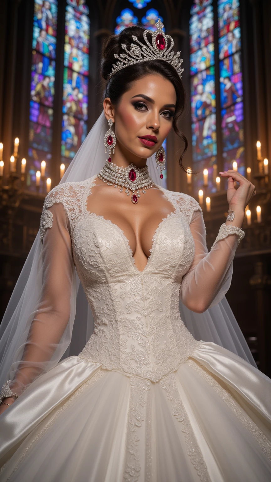 Royal Bride in Plunging Cathedral Wedding Gown