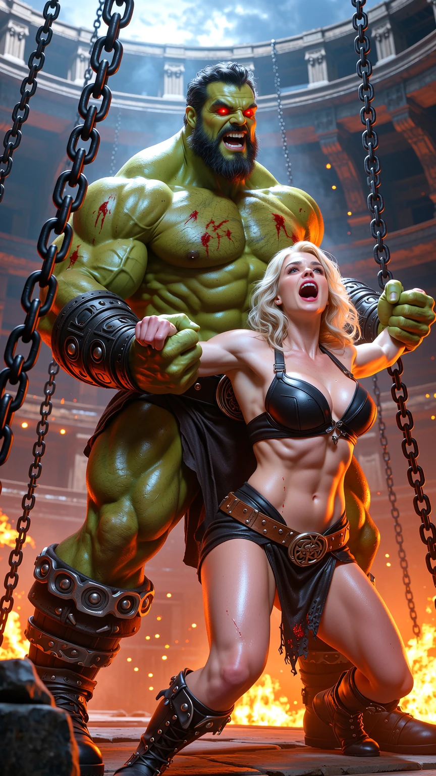 Massive Orc Crushes Blonde Warrior in Fiery Arena