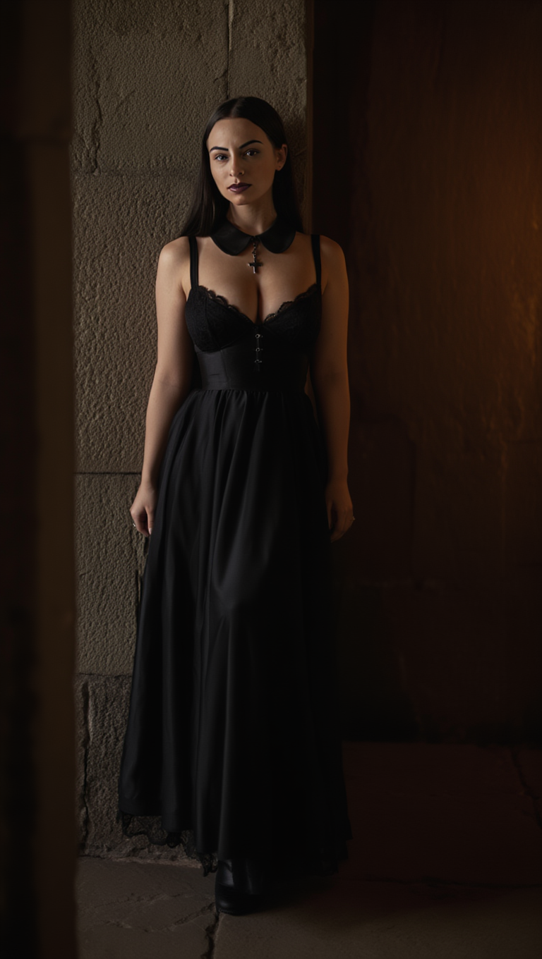 Dark Chapel Reverie: Brunette Muse in Candlelit Gothic Elegance