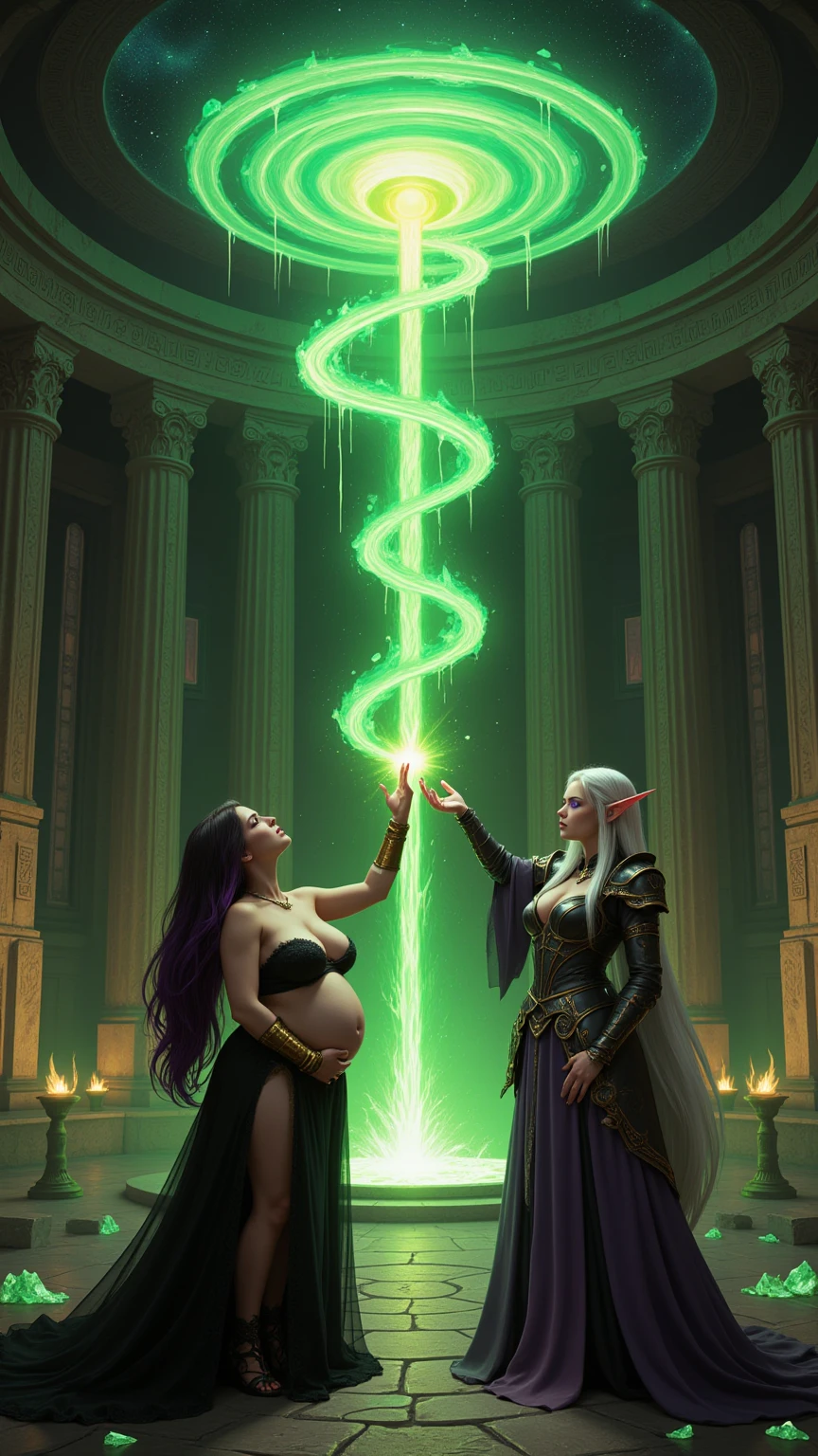 Dark Sorceress and Elf Mage Channeling Green Magic