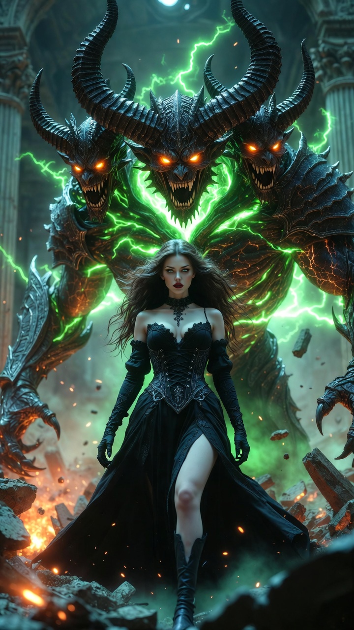 Dark Sorceress Commanding Infernal Twin Demon