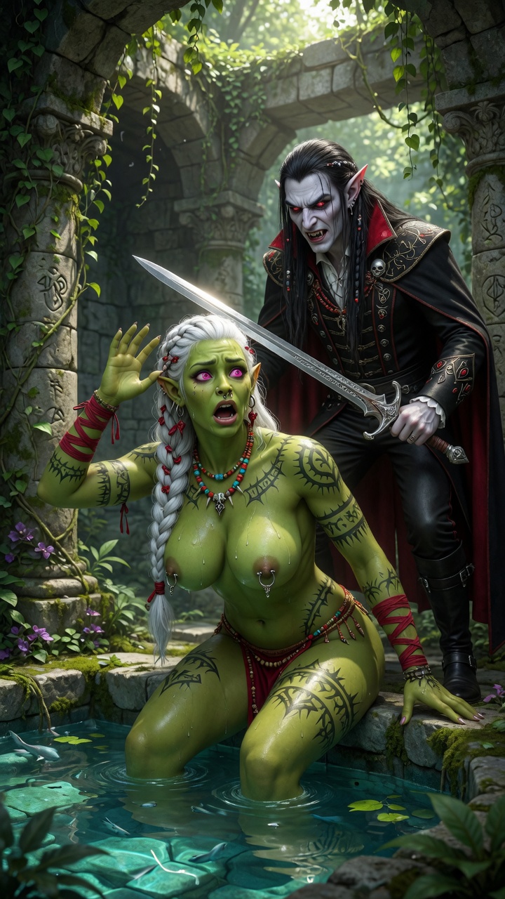 Orc Girl Threatened by Dark Elf in Ruins