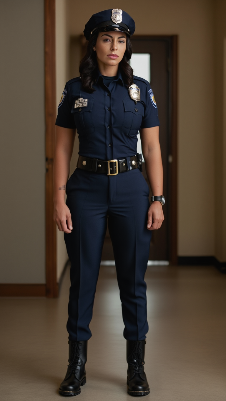 Law and Desire: Brunette Officer in Modern Police Interior