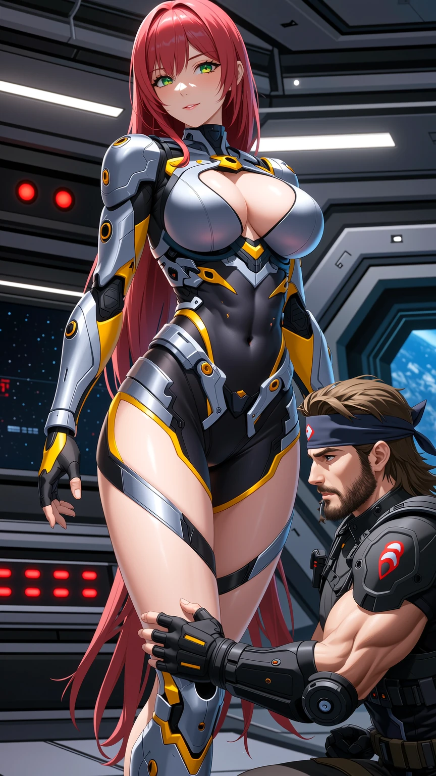 Redhead Cyborg Dominance in Spaceship Corridor