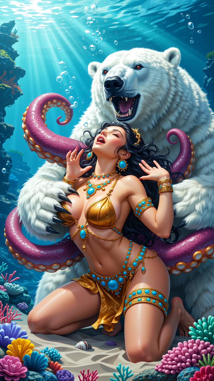 Dark Haired Beauty with Polar Bear and Tentacles Underwater
