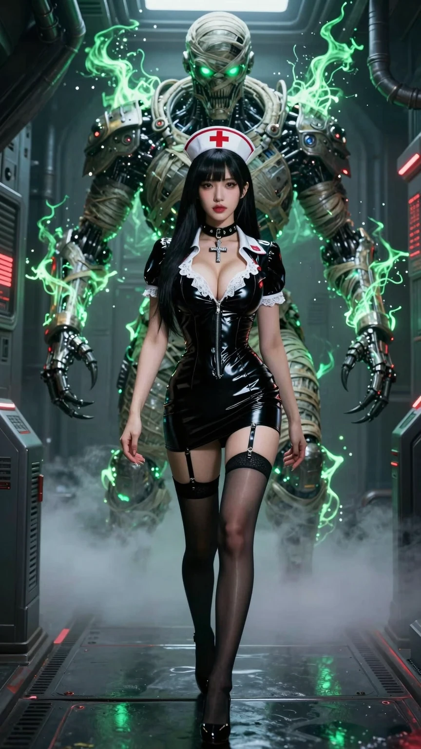 Latex Nurse and Glowing Cyber Mummy Guardian