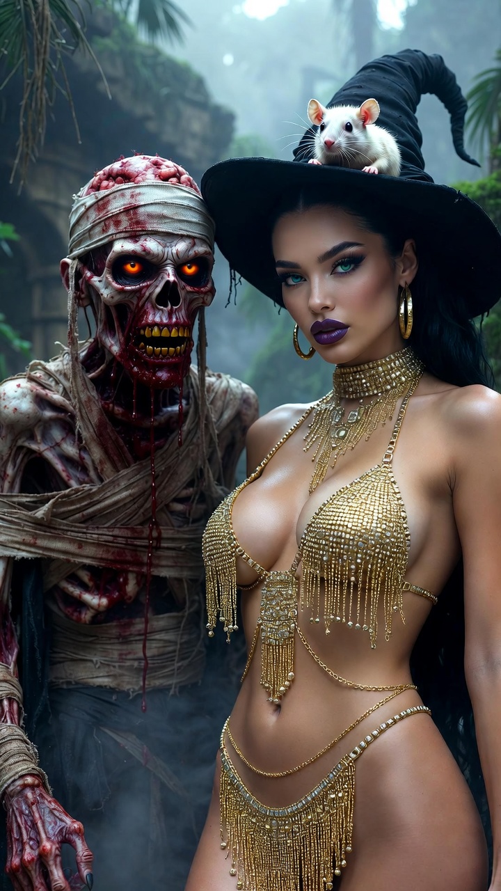 Golden Chain Temptress Beside Undead Voodoo Sorcerer