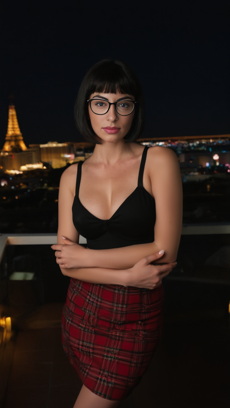 Night City Rooftop Portraits with Brunette in Glasses