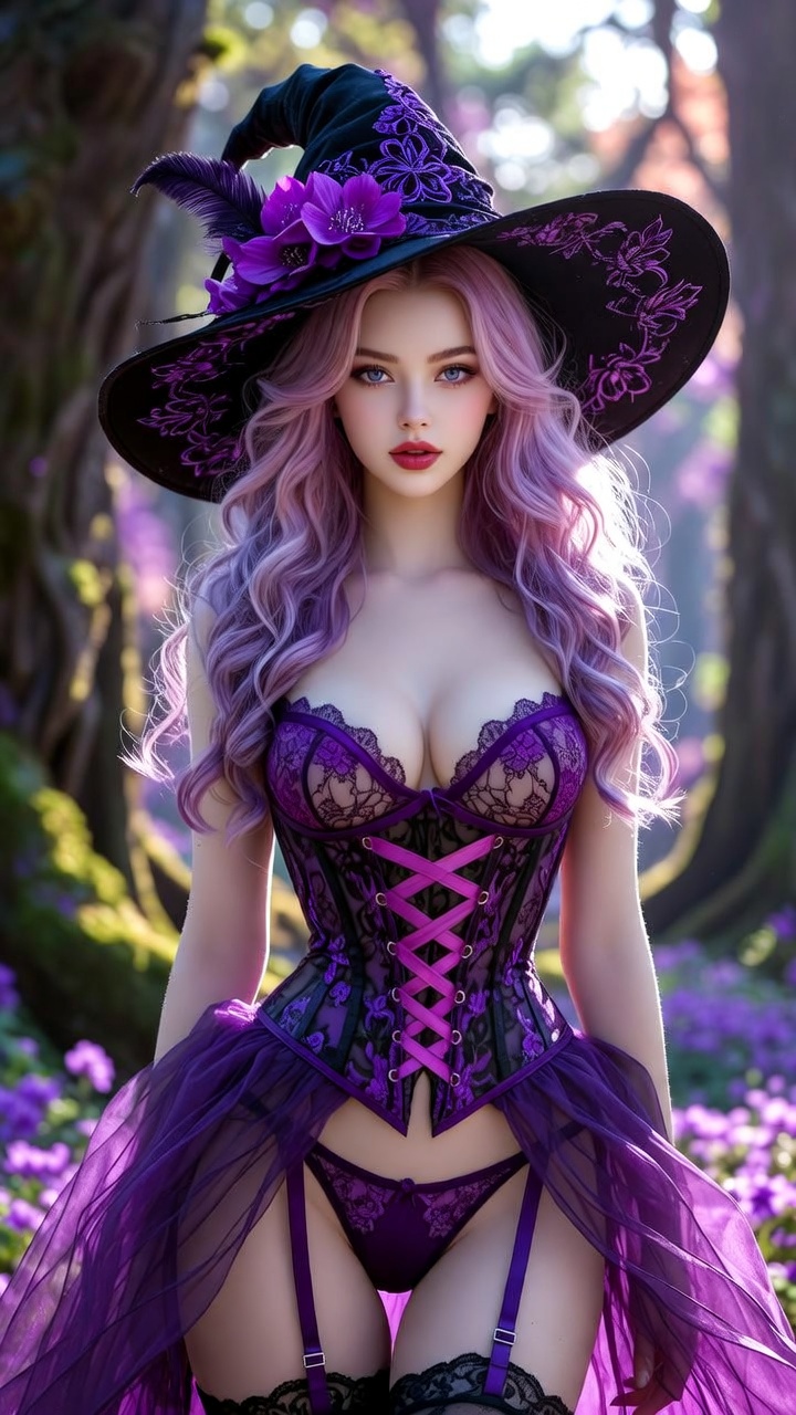 Enchanted Purple Witch in Lace Corset Magical Forest Fantasy Series