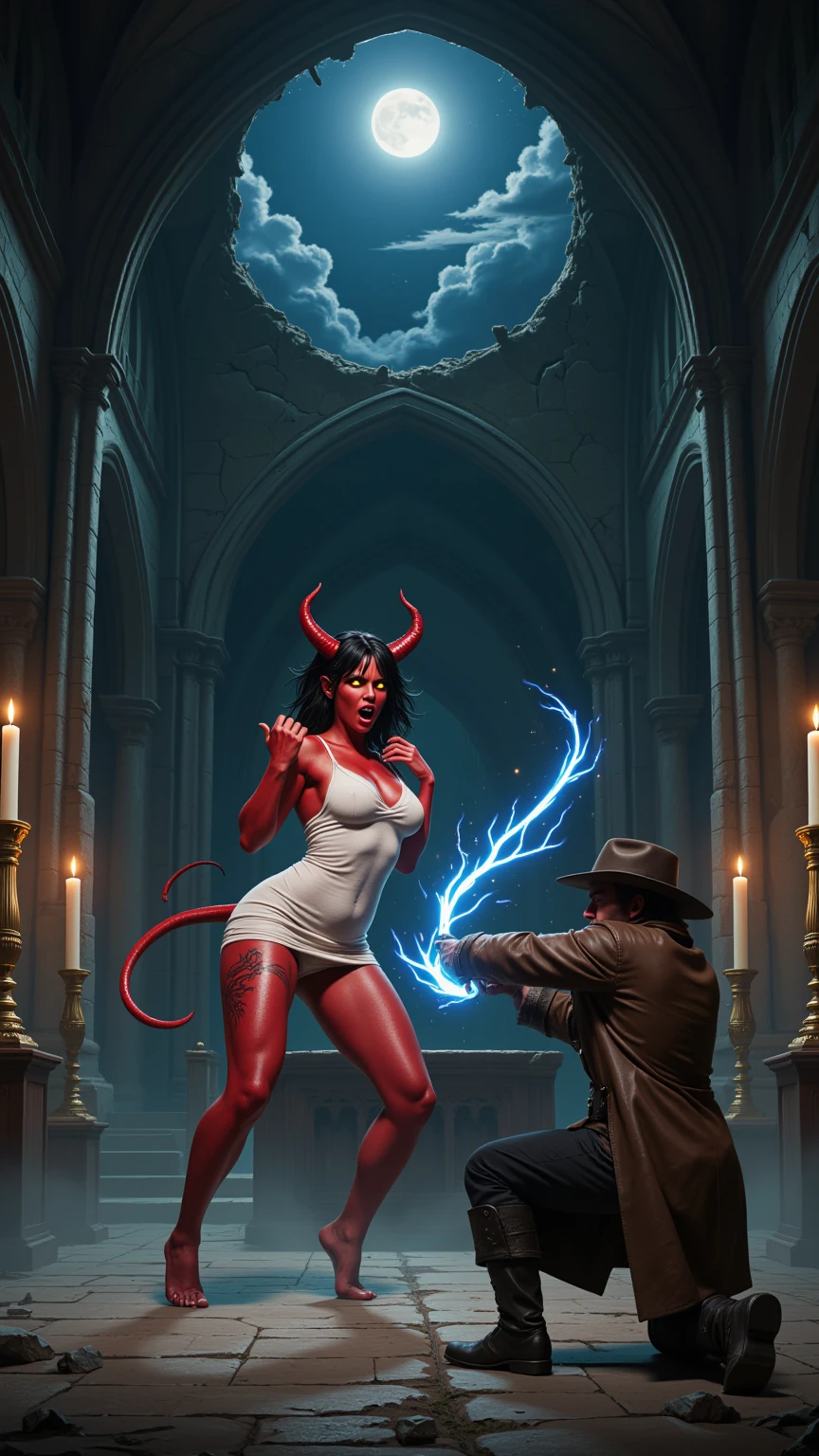 Demoness vs Vampire Hunter in Ruined Cathedral