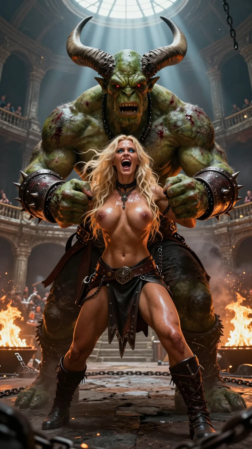 Horned Orc Restrains Screaming Blonde Warrior