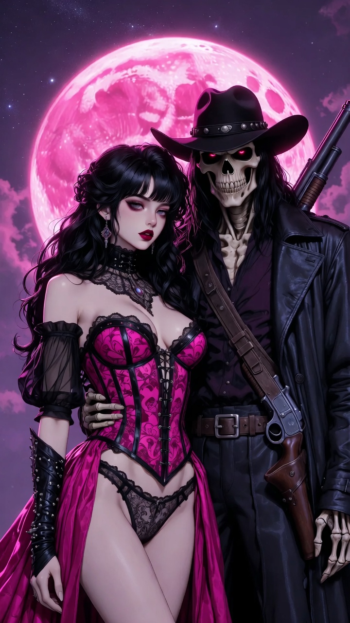 Gothic Vampire Queen and Undead Gunslinger Pink Moon Series