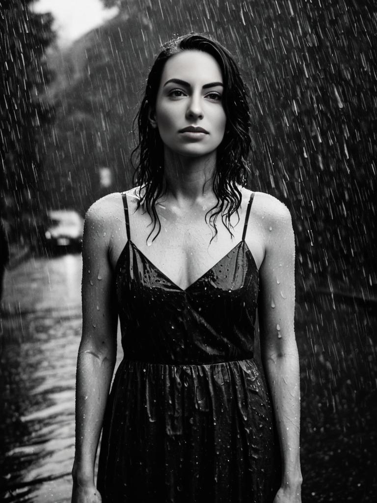 Brunette Drenched in Black Dress: Moody Rainy Night Portrait