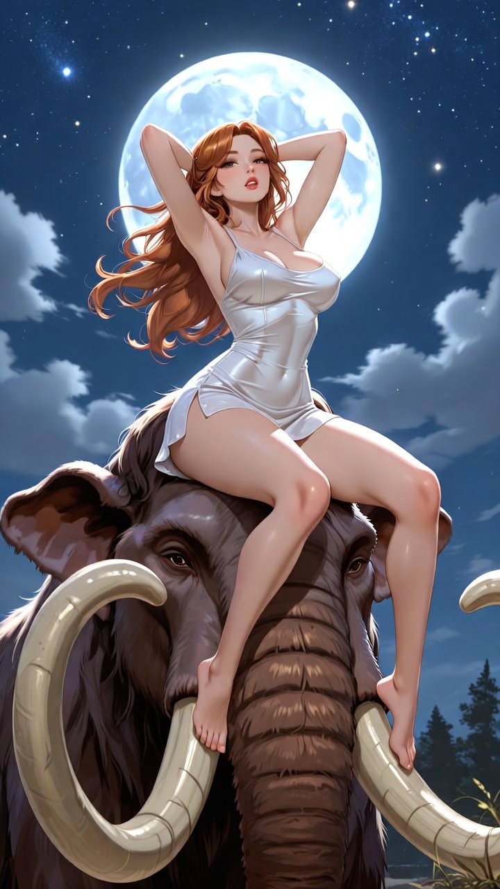 Moonlit Goddess Riding the Ancient Mammoth