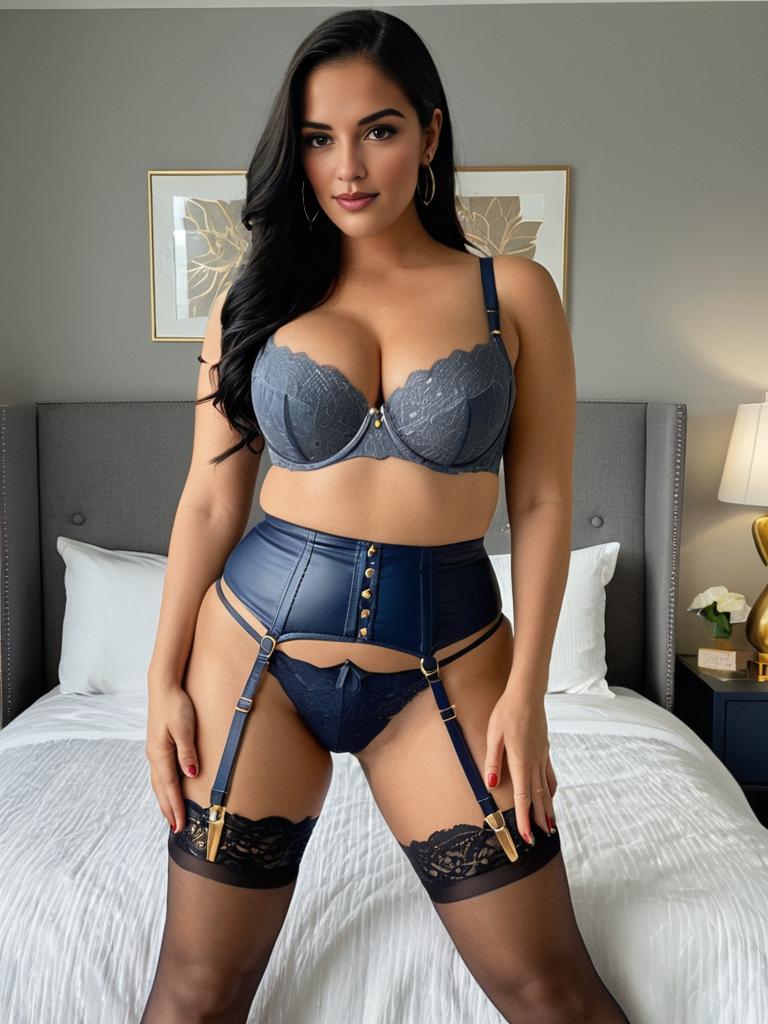 Busty Brunette in Navy Blue Lace Lingerie and Black Stockings