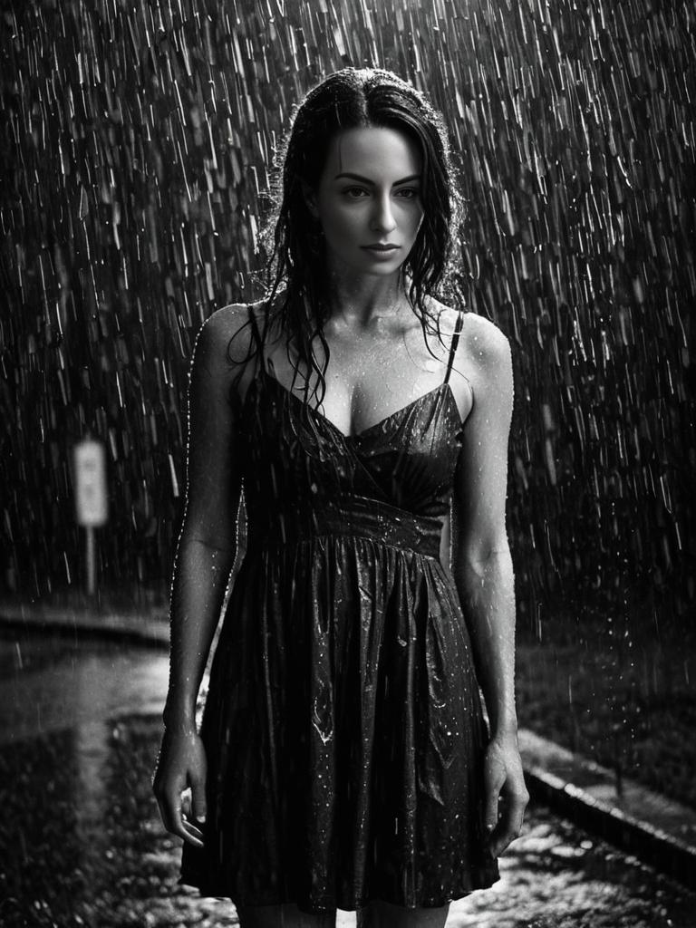 Brunette Drenched in Black Dress: Moody Rainy Night Portrait