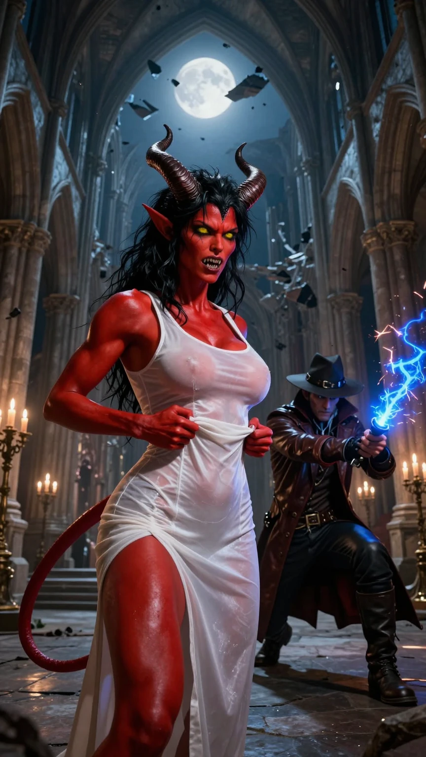 Demoness vs Vampire Hunter in Ruined Cathedral