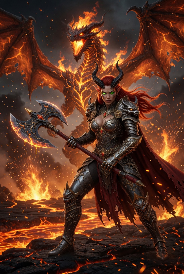 Horned Redhead Elf Warrior in Lava Realm
