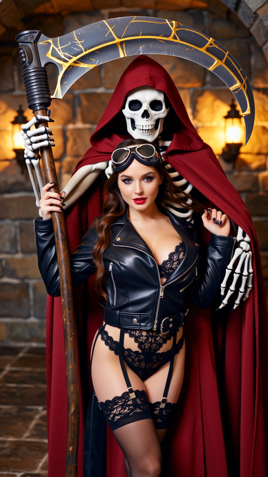Brunette Seductress with Grim Reaper