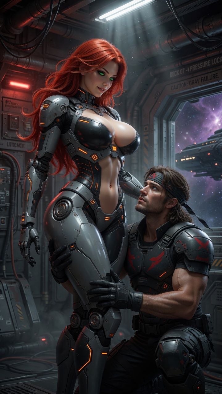Redhead Cyborg Dominance in Spaceship Corridor