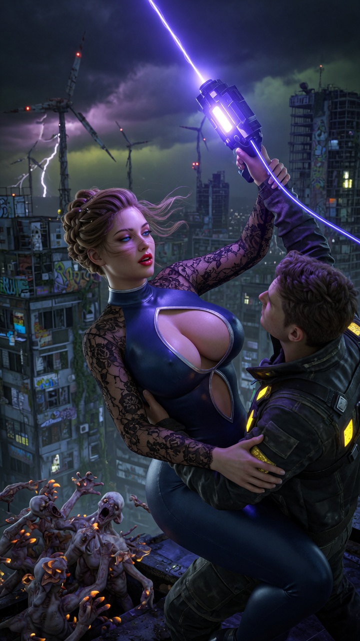 Blue Bodysuit Heroine Fights Zombies with Energy Gun