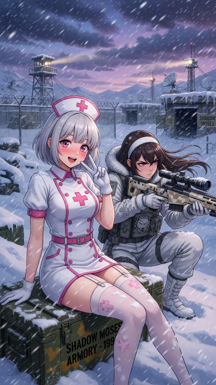Nurse and Sniper Girls in Snowy Military Base