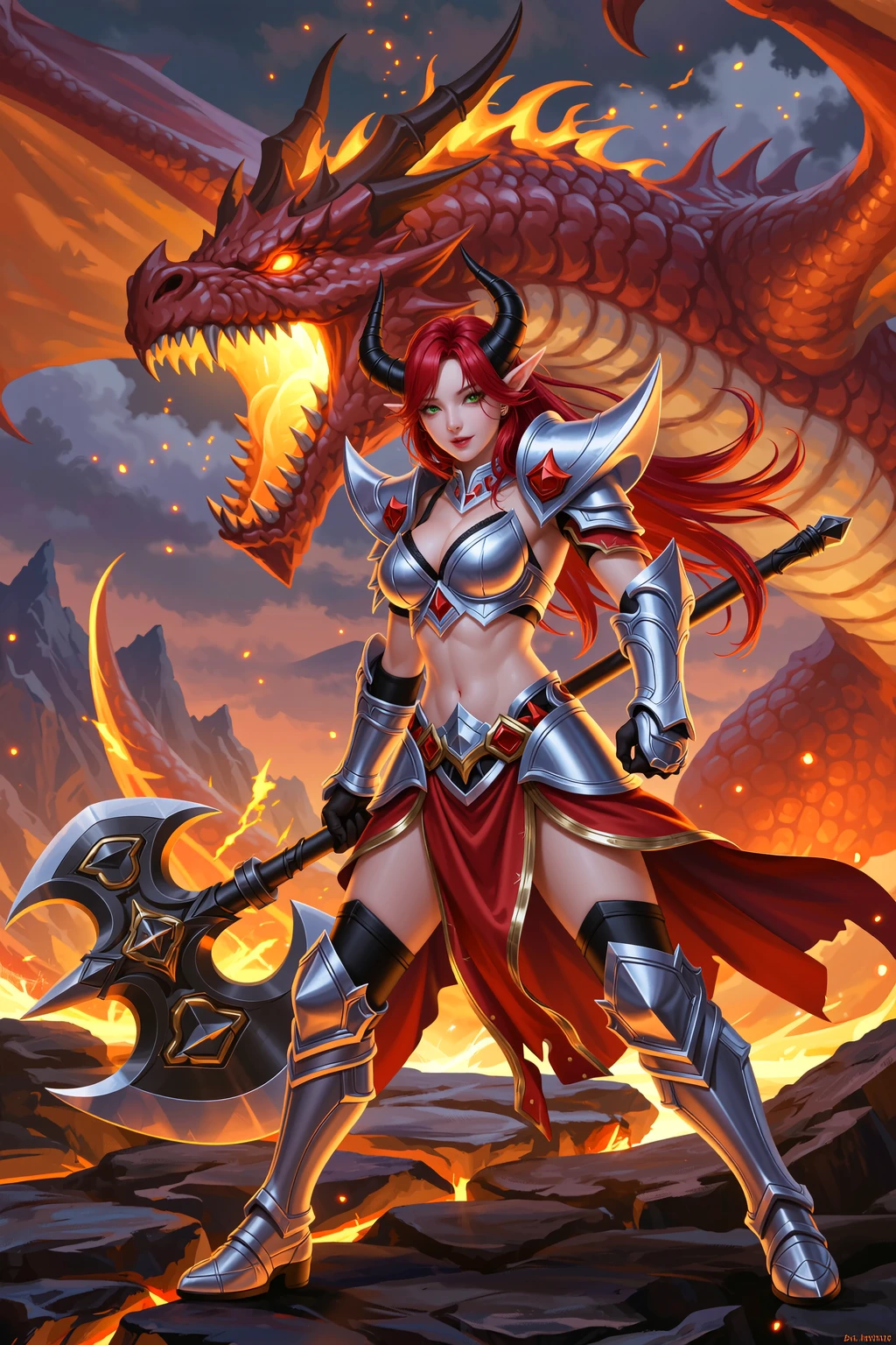 Horned Redhead Elf Warrior in Lava Realm