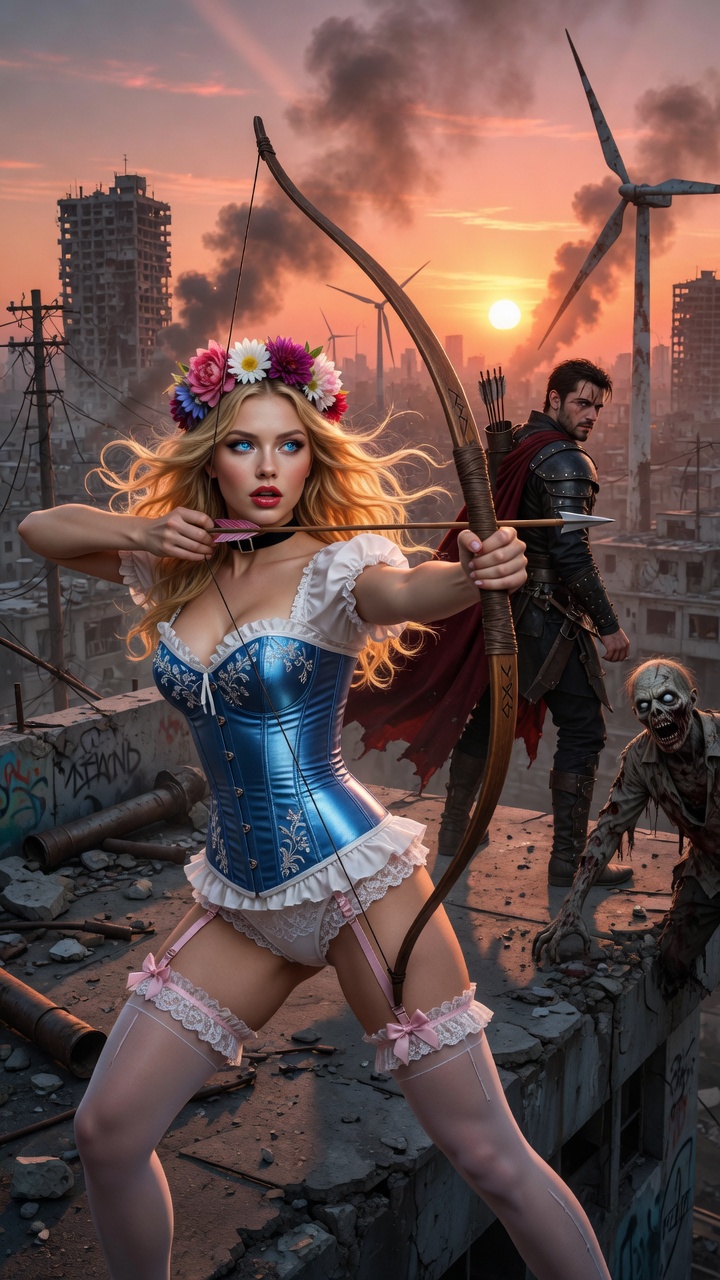 Post-Apocalyptic Blonde Archer on Rooftop Sunset
