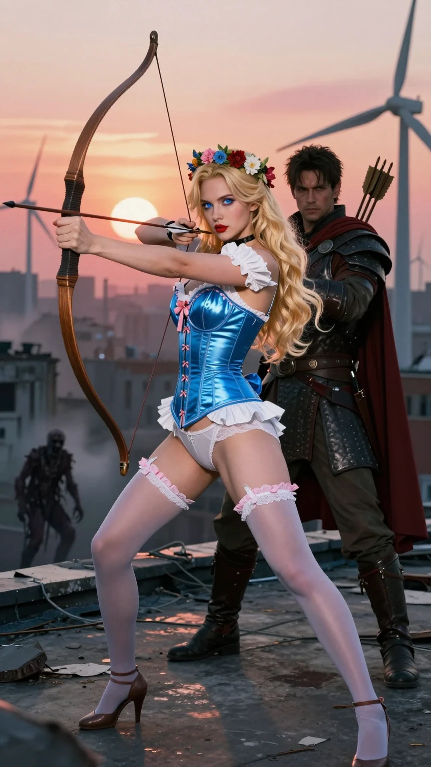 Post-Apocalyptic Blonde Archer on Rooftop Sunset