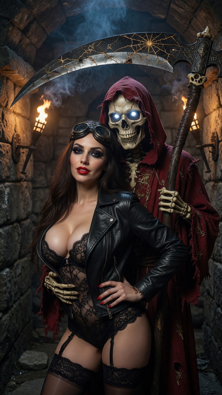 Brunette Seductress with Grim Reaper