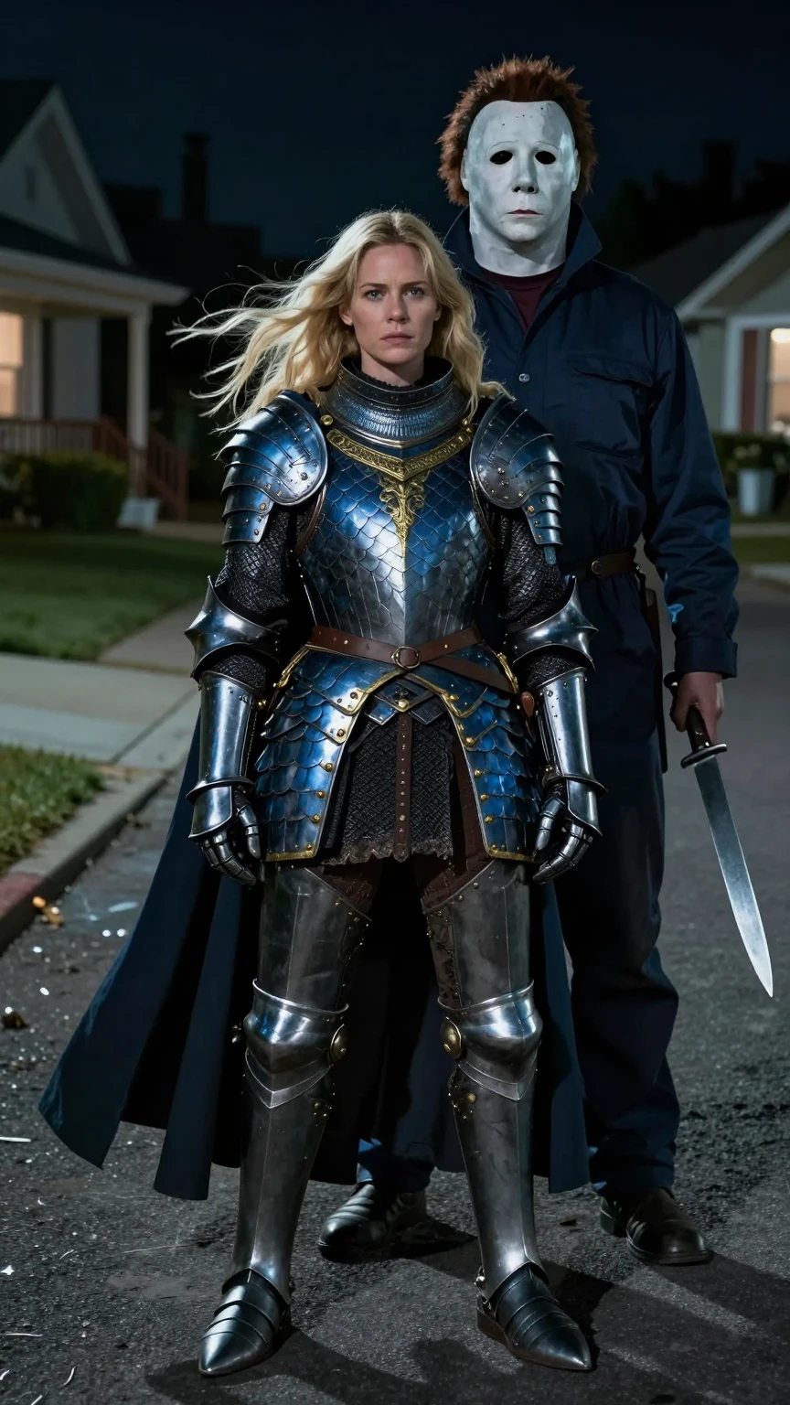 Blonde Knight Confronts Michael Myers in Suburbia