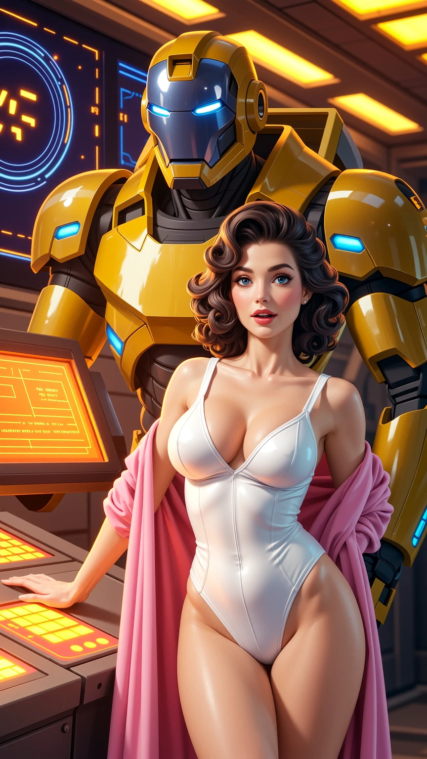 Retro Futuristic Pin-Up With Guardian Android