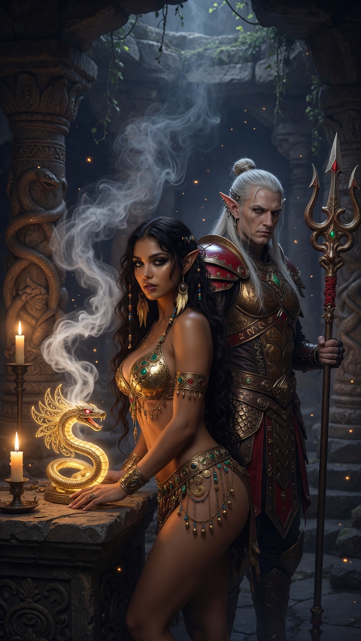 Exotic Priestess with Armored Elf Guardian