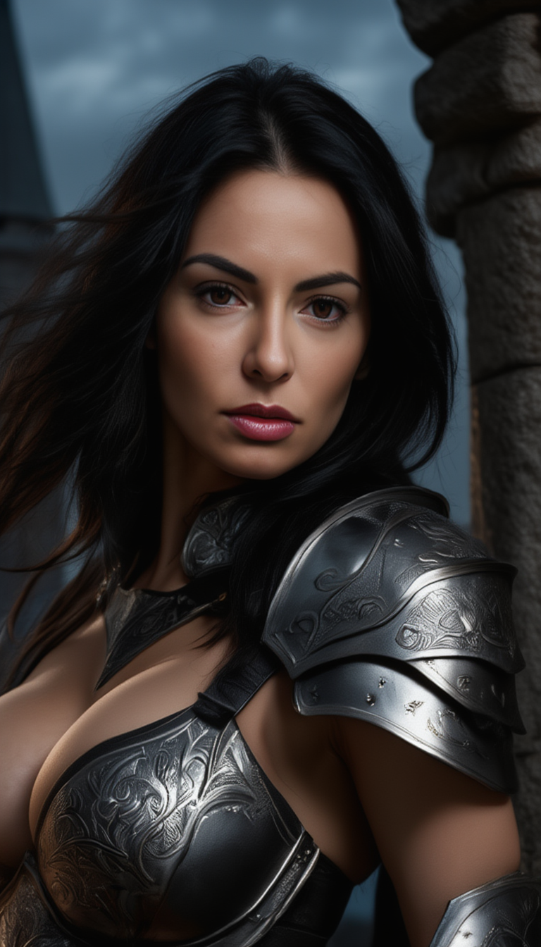 Armored Warrior Woman Standing Within Medieval Fortress