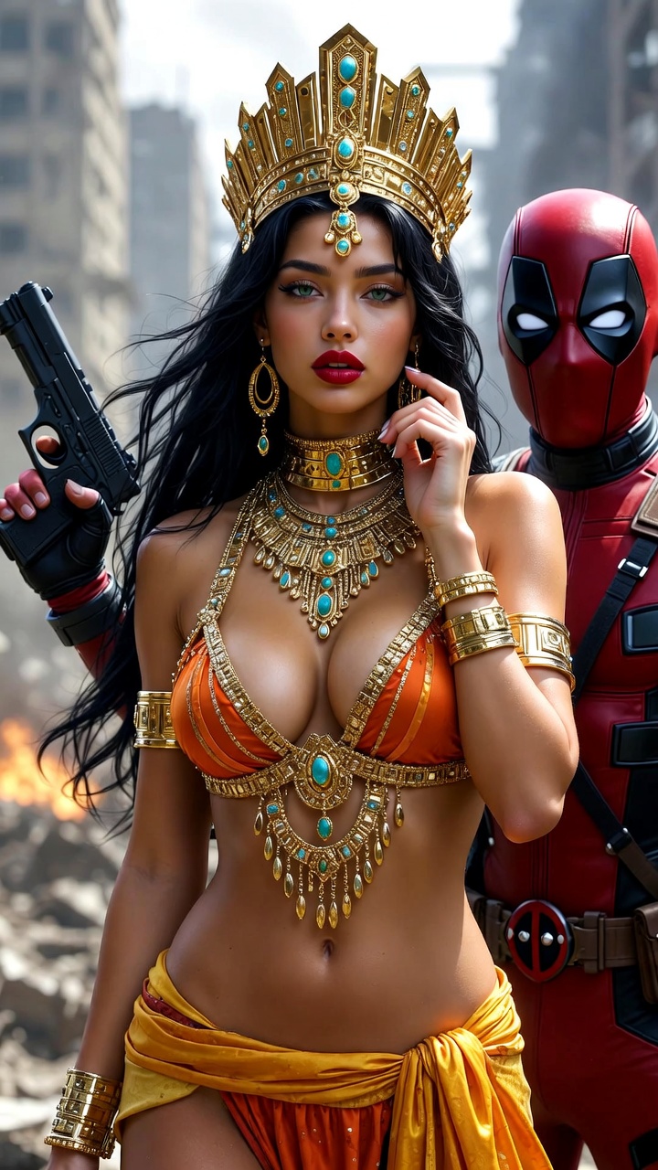 Exotic Golden Queen Posing with Deadpool in Ruins