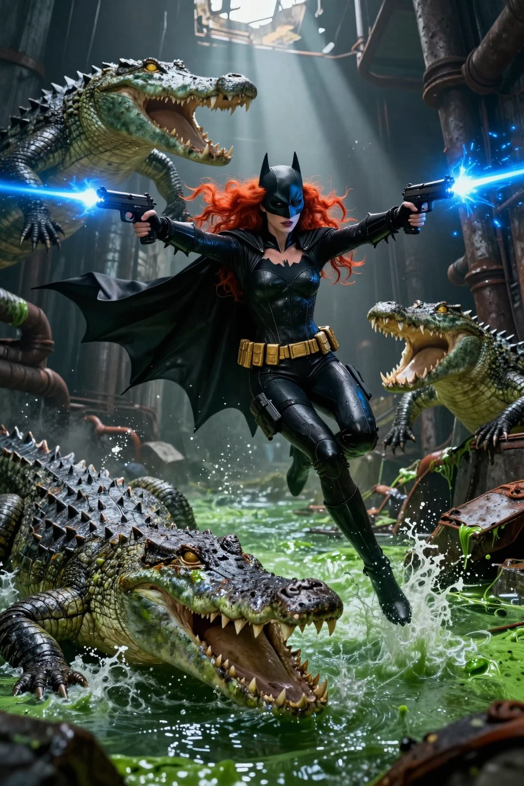 Redhead Batgirl vs Giant Sewer Crocodiles