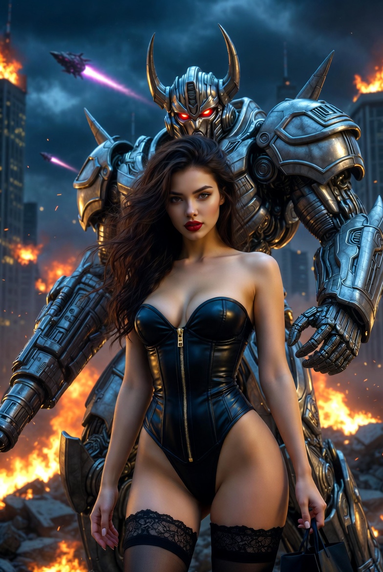 Seductive Beauty with Megatron in Apocalyptic City Destruction Series