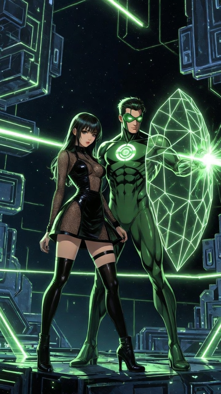 Neon Guardian and Seductive Muse in Sci-Fi Realm