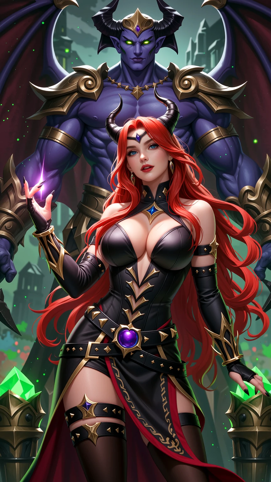 Crimson Sorceress Before Demonic Warlord Throne