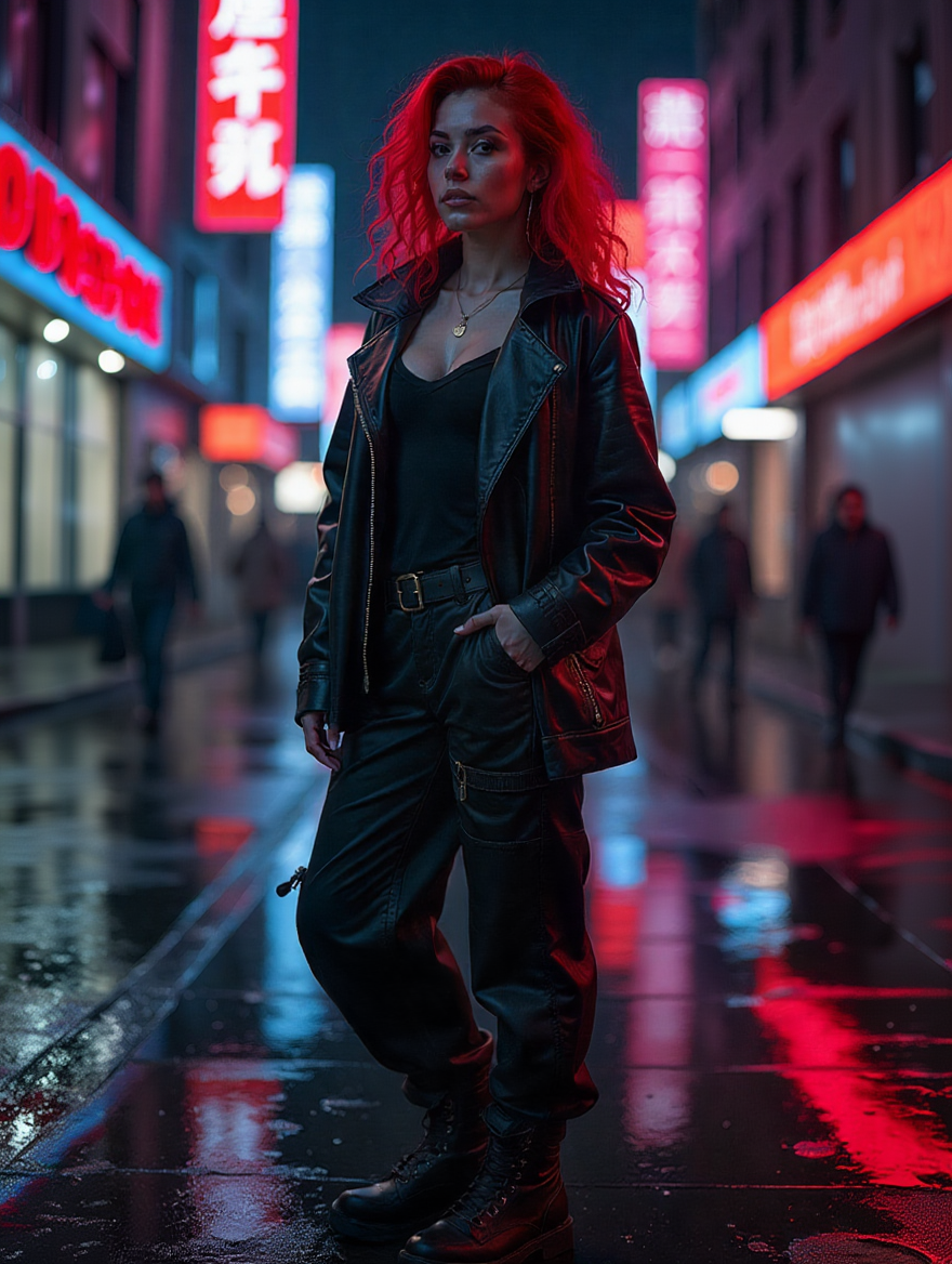 Neon Night Street Portraits with Red-Haired Cyberpunk Mood