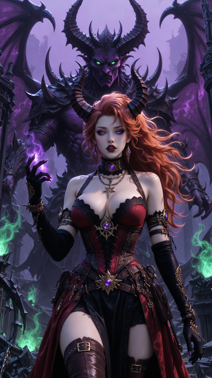 Crimson Sorceress Before Demonic Warlord Throne