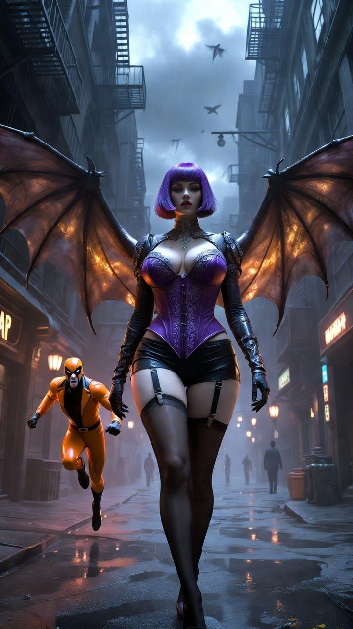 Neon Gothic Alley with Winged Femme Power