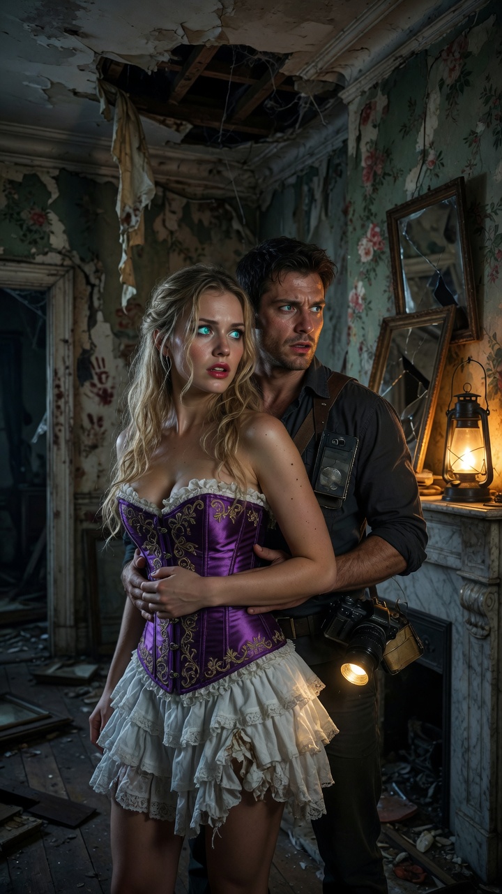 Glowing Eyes Beauty in Haunted House with Photographer