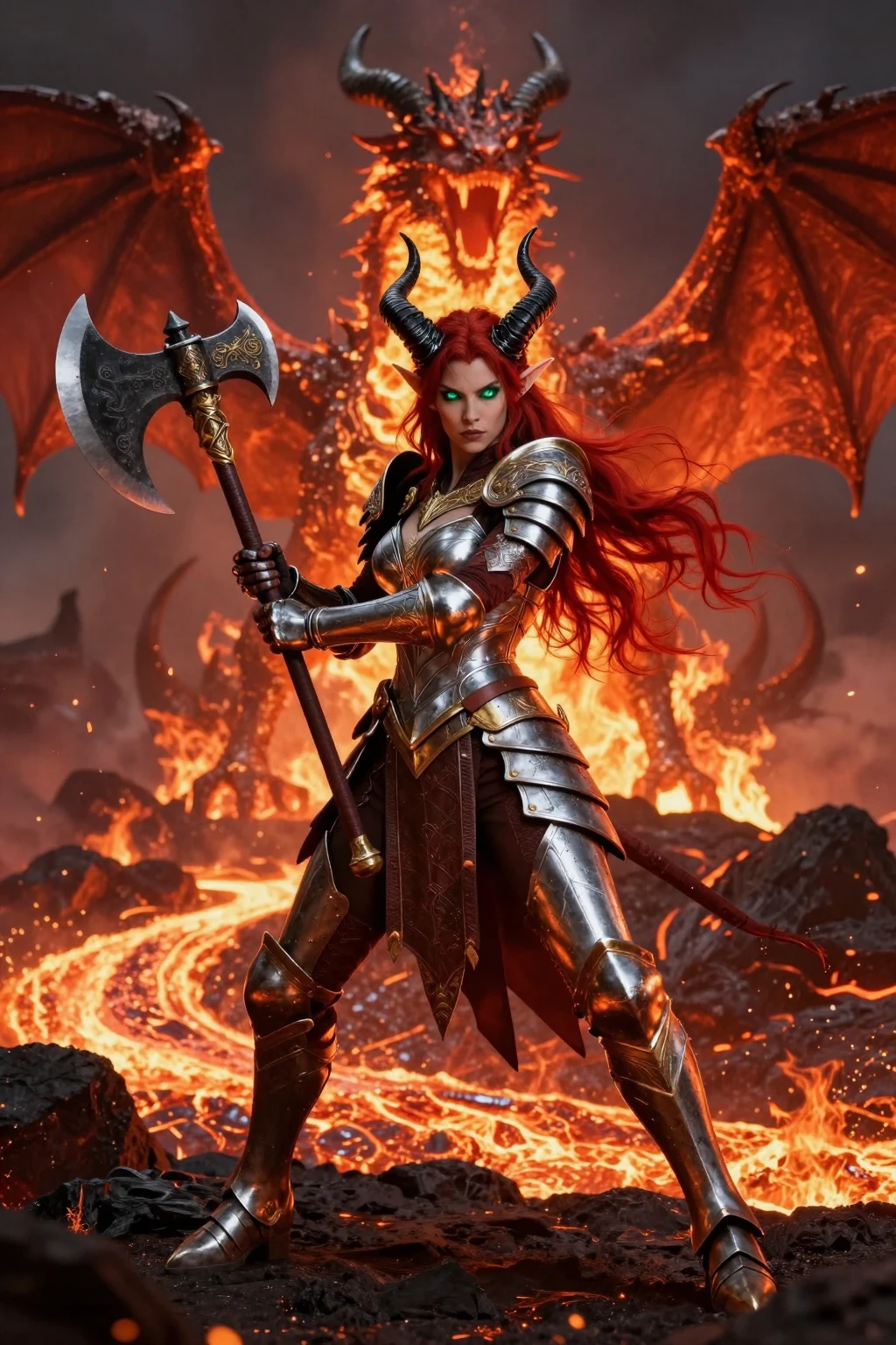 Horned Redhead Elf Warrior in Lava Realm