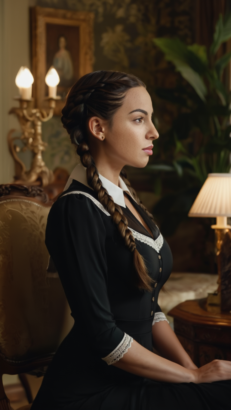 Victorian Silence: Braided Brunette in Classic Gothic Interior